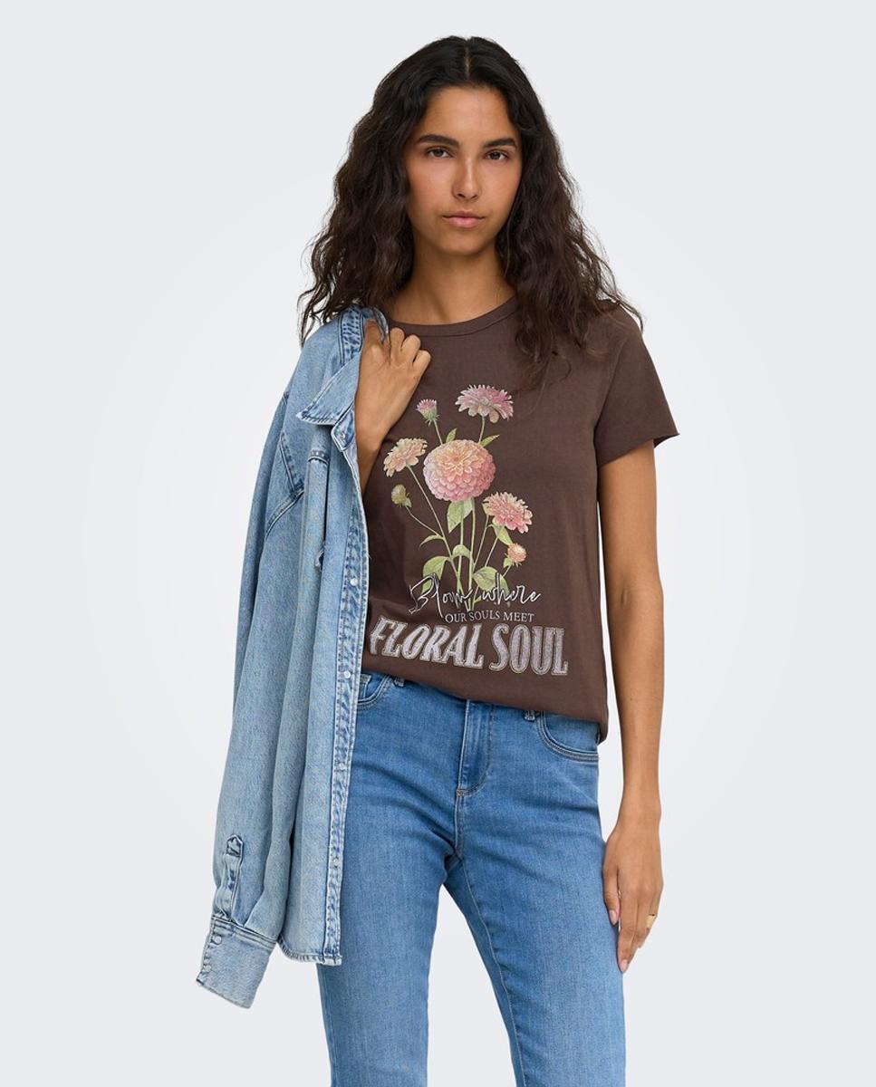 Camiseta de mujer de manga corta con dibujo frontal - Only - Marrón Marrón-1
