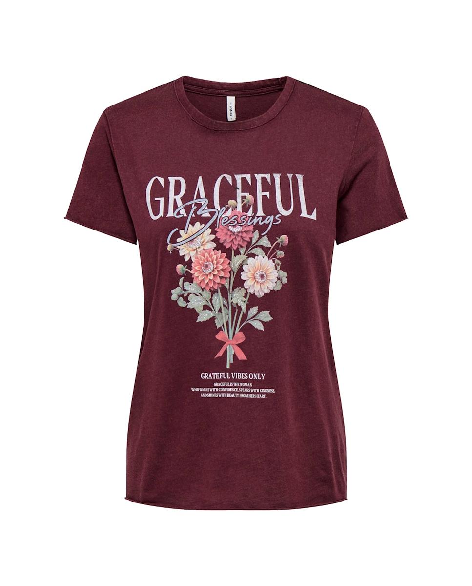 Camiseta de mujer de manga corta con dibujo frontal - Only - Rojo Granate Rojo Granate-3