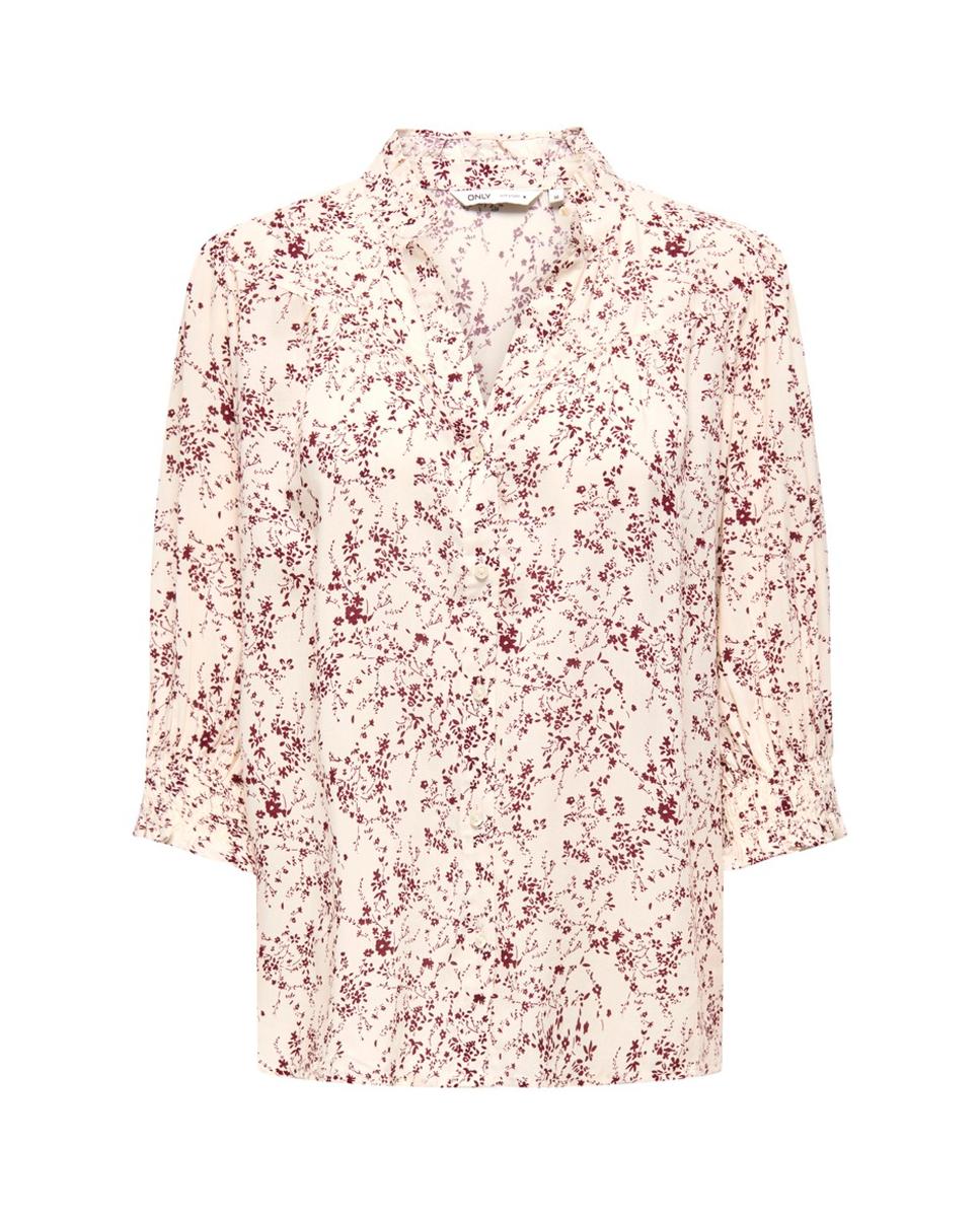 Camisa Estampada com Decote em Bico e Manga 3/4 Bege-3