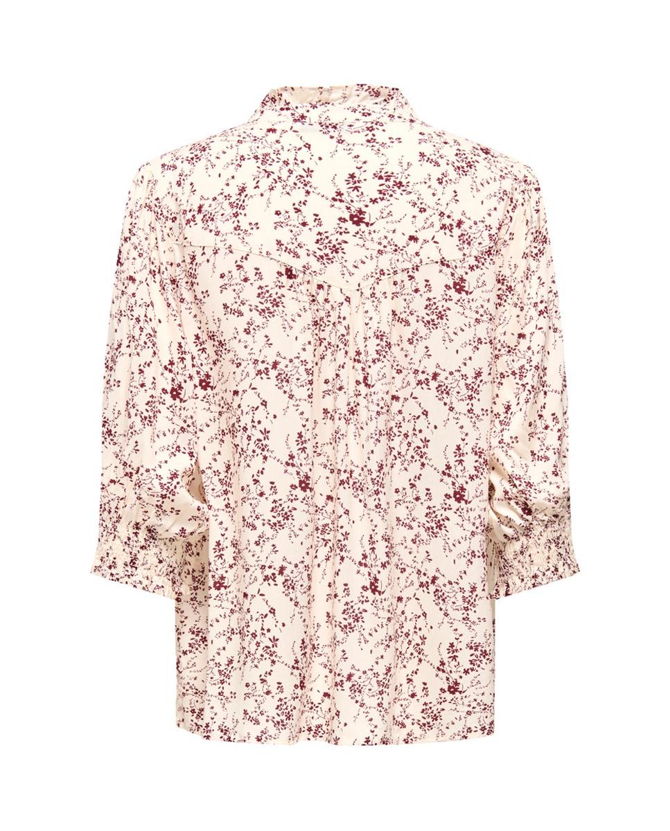 Camisa Estampada com Decote em Bico e Manga 3/4 Bege-4