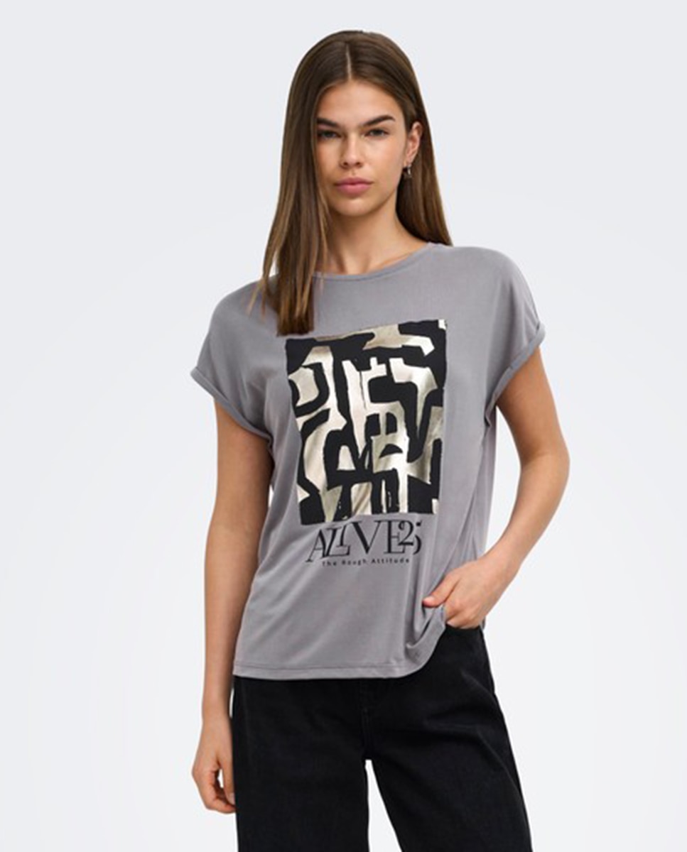 Camiseta de mujer de manga corta con cuello redondo - Only - Gris Gris-1