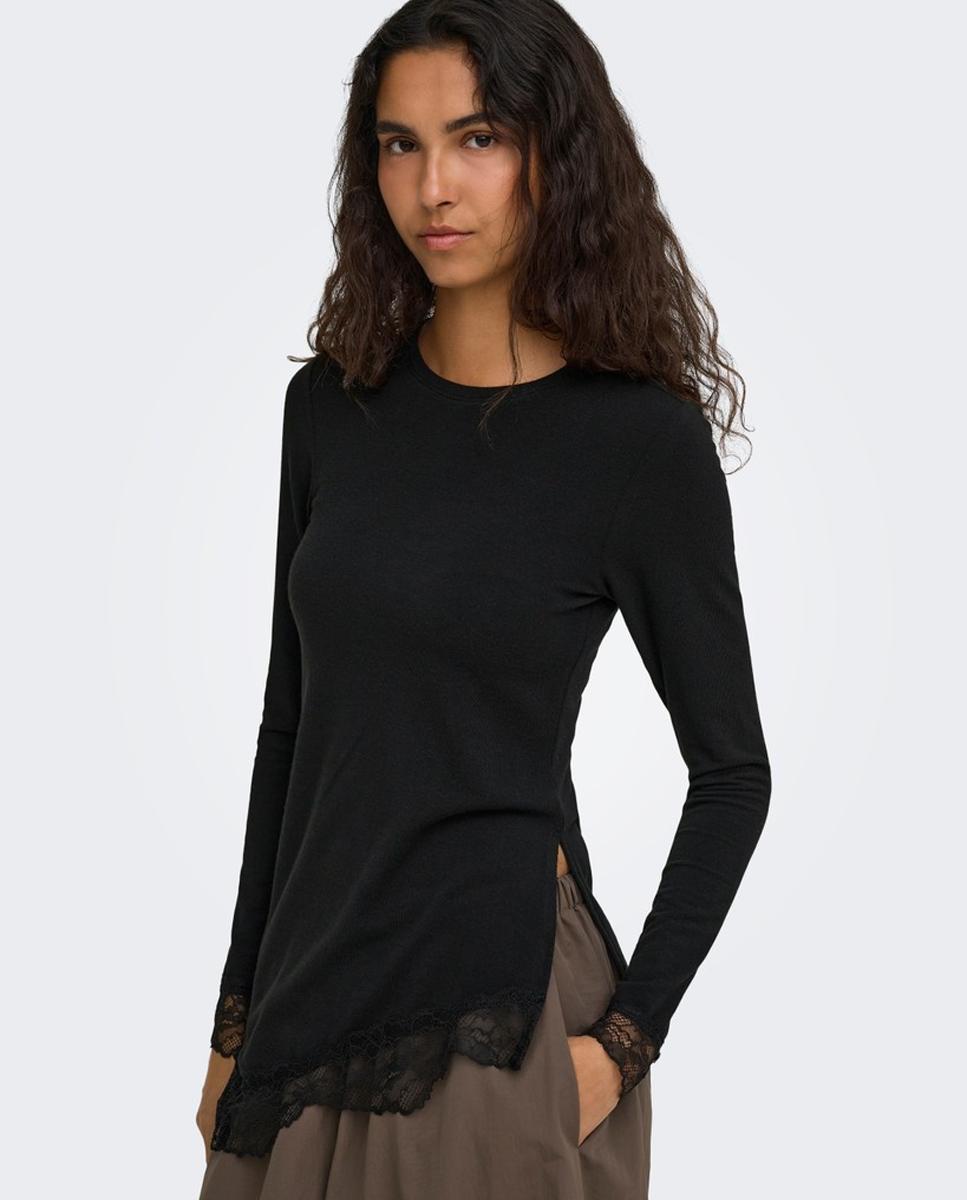 Top de mujer de manga larga con detalle de encaje - Only - Negro Negro-1