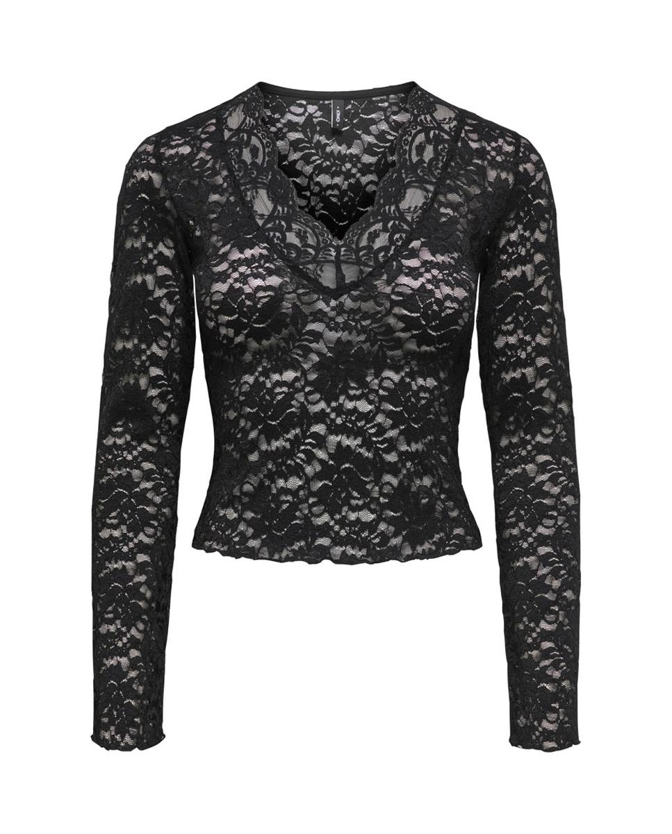 Imagen 3 de Blusa de manga larga con escote pico - Only - Negro Negro