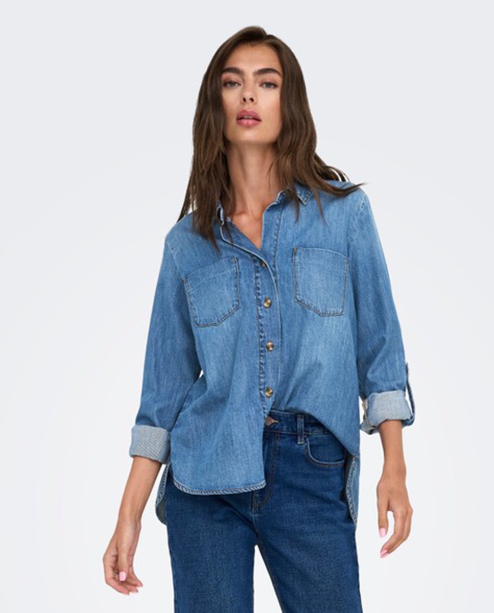 Imagen 0 de Camisa 100% algodón de mujer denim con cuello camisero Azul