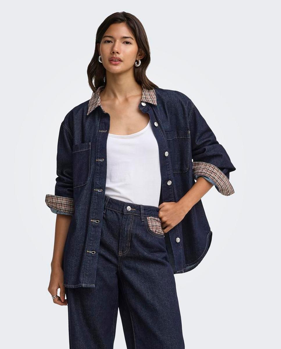 Camisa denim de mujer con cuello camisero - Only - Azul Azul-3