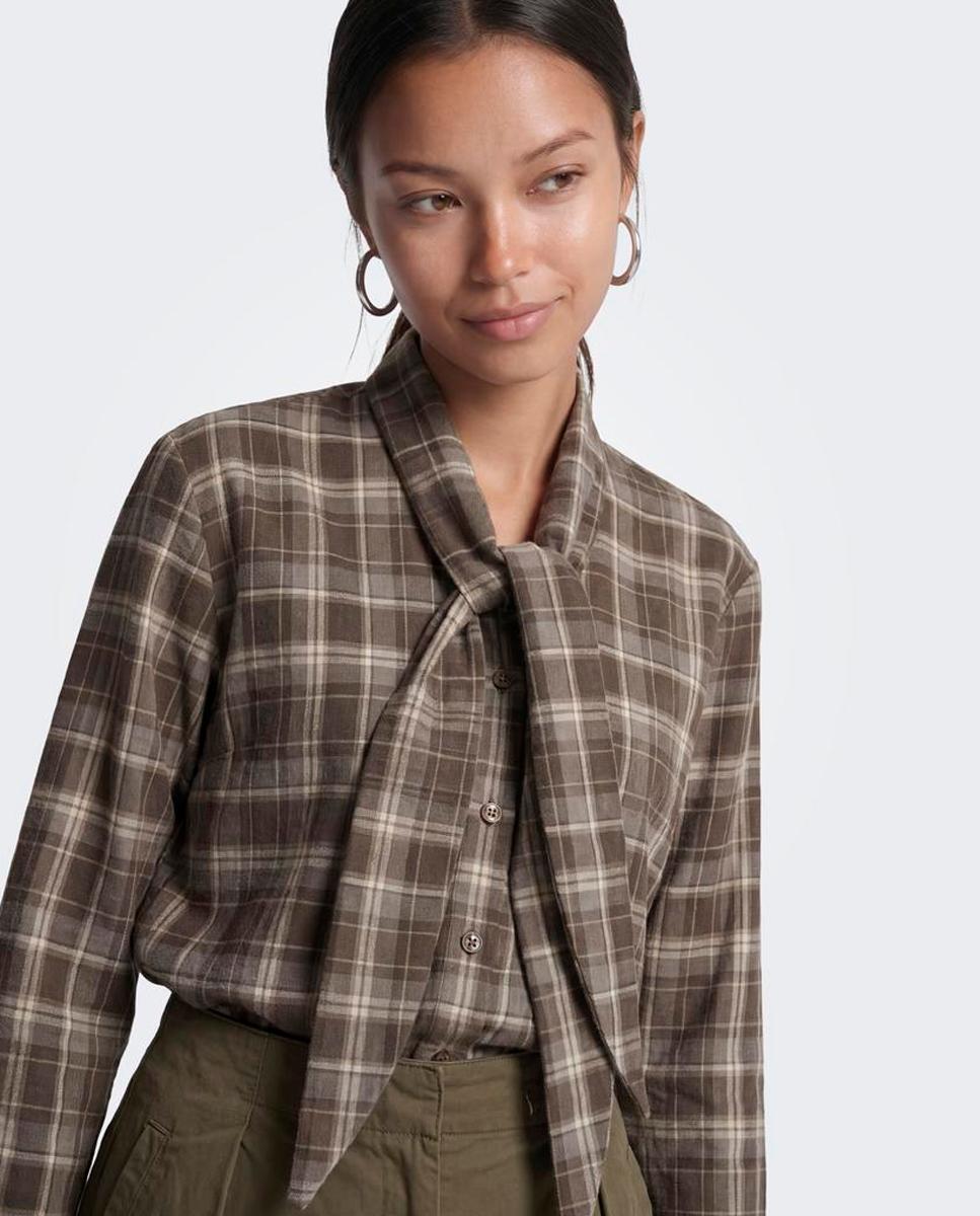 Camisa de mujer con cuello camisero y pañuelo - Only - Marrón Marrón-5