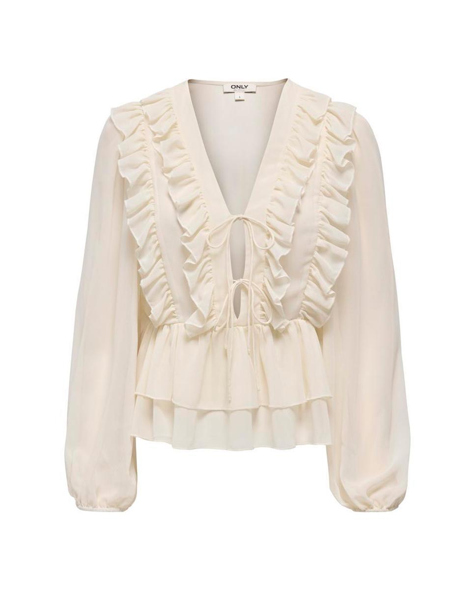 Top de mujer con escote pico y volantes - Only - Crema Crema-2