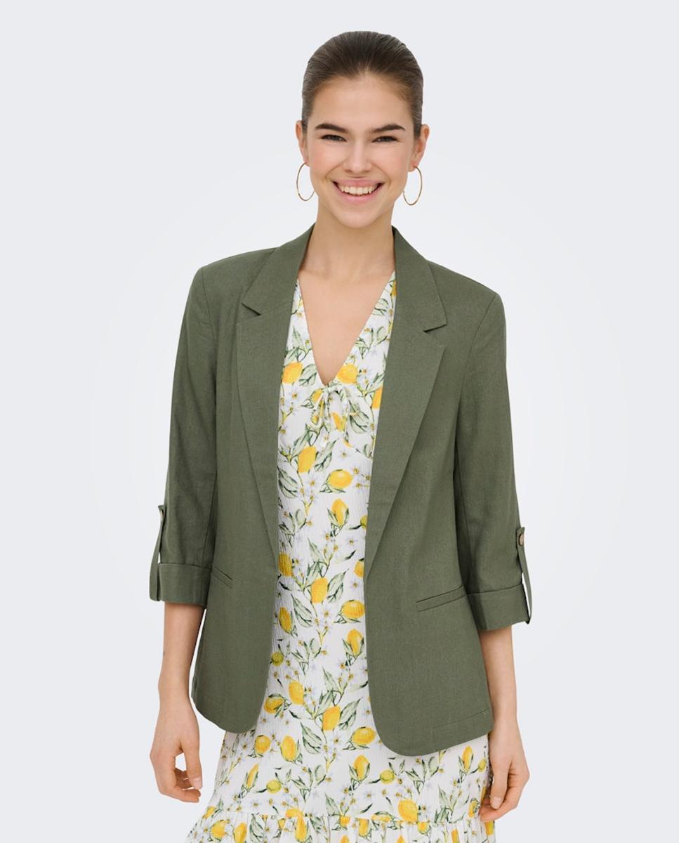 Blazer de Linho com Manga 3/4 Verde-escuro-4