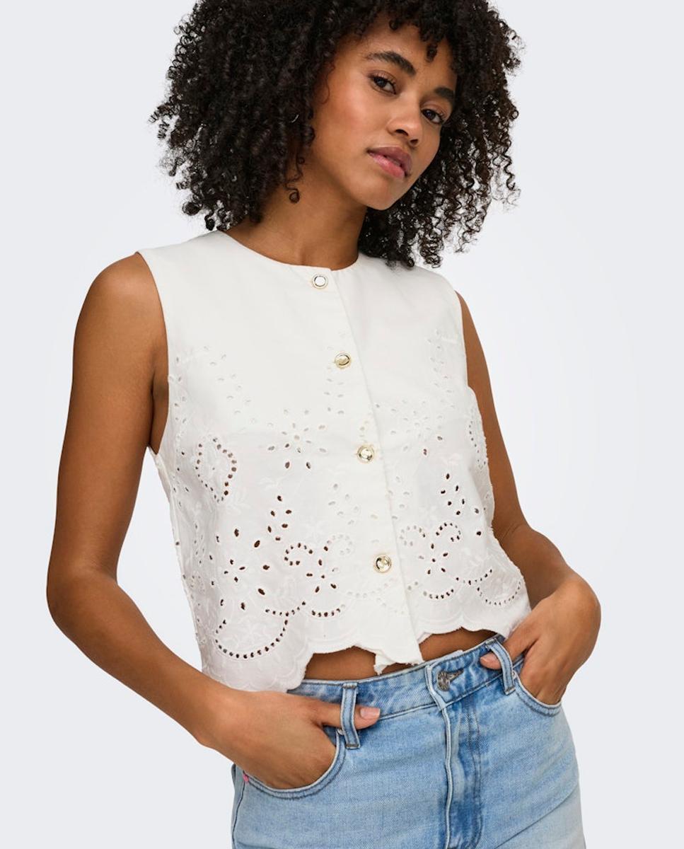 Top de mujer sin mangas con cuello camisero y cierre de botones - Only - Blanco Blanco-1