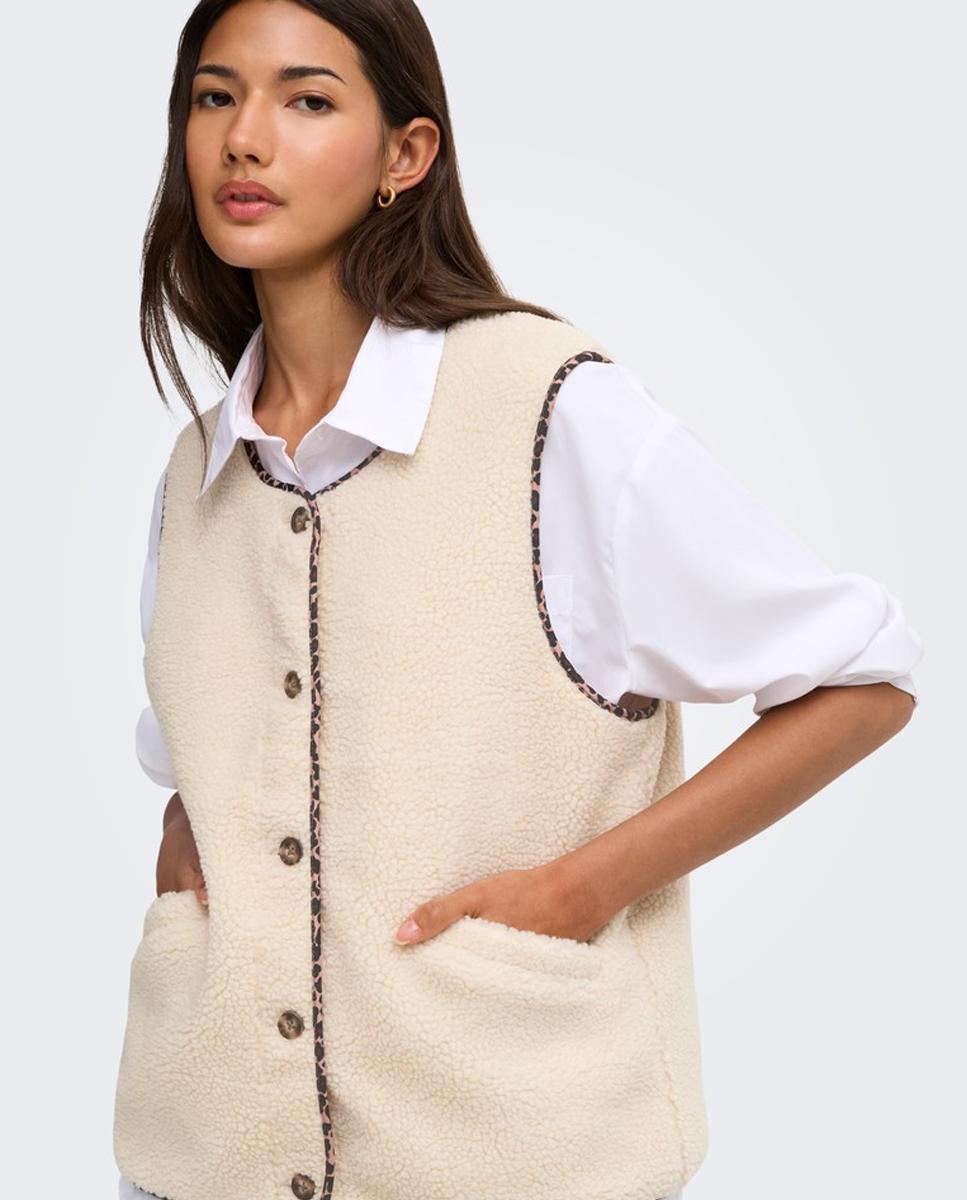 Cardigan sem Mangas com Decote Redondo Bege-2