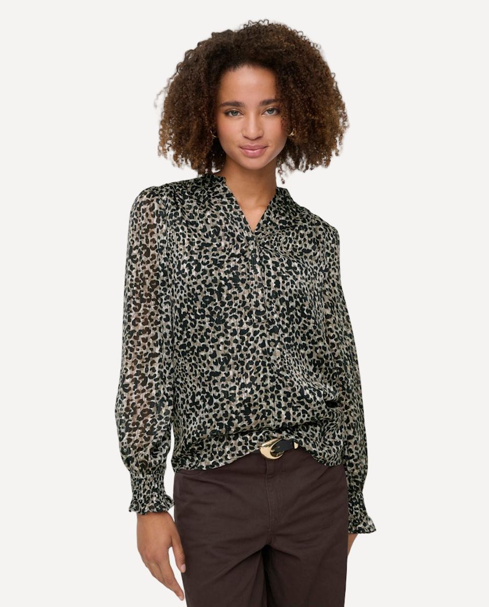 Blusa Estampada com Manga Comprida e Decote em Bico Preto-3
