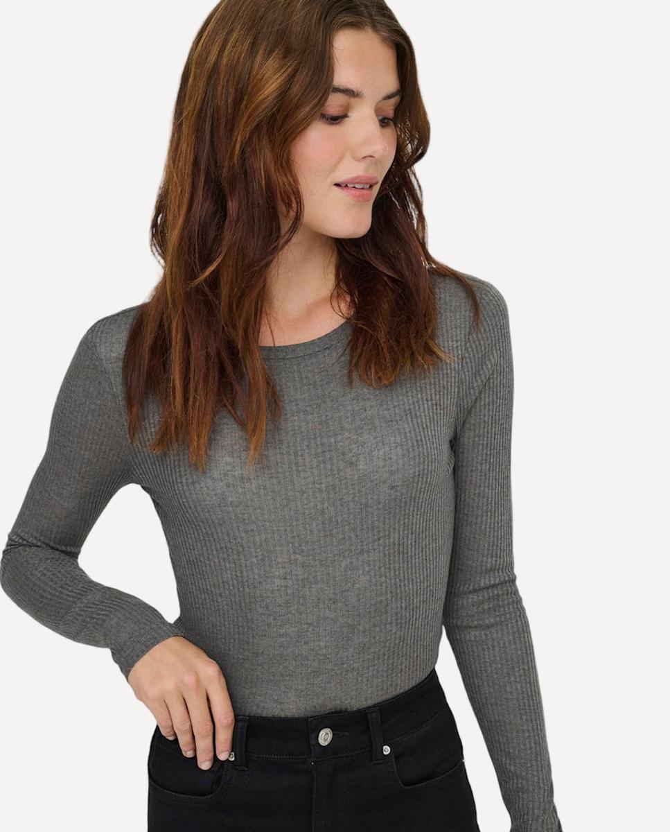 Camisola de mulher com manga comprida e decote redondo Cinzento-3