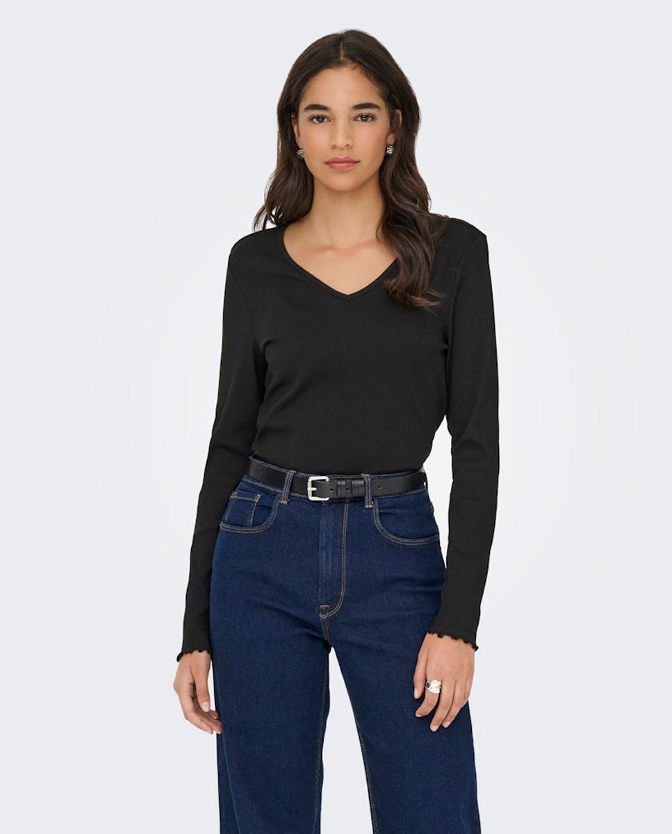 Only - Camiseta de mujer de maga larga y cuello de pico.