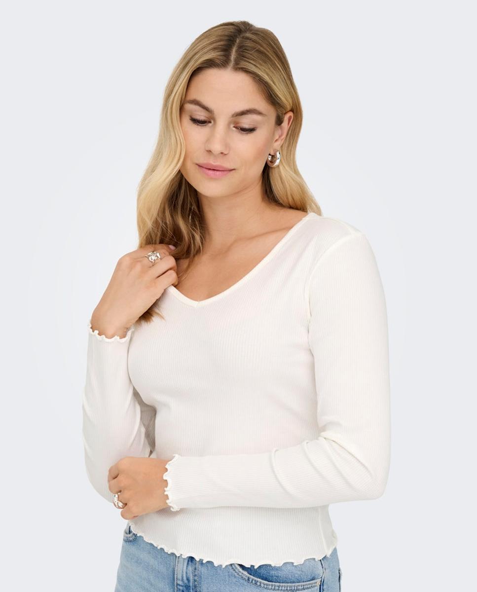 Camisola de Manga Comprida e Decote em Bico Branco-3