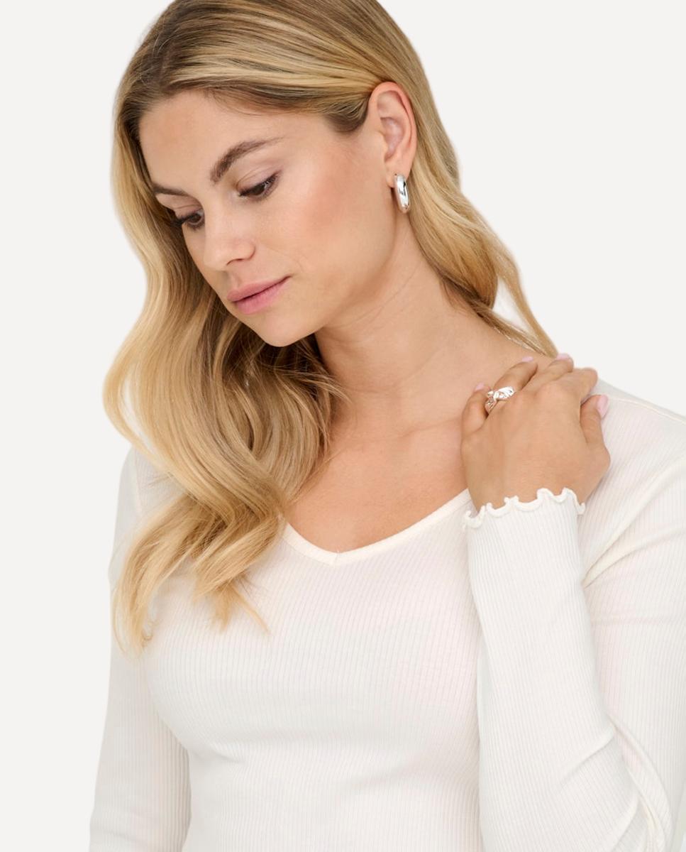 Camisola de Manga Comprida e Decote em Bico Branco-4