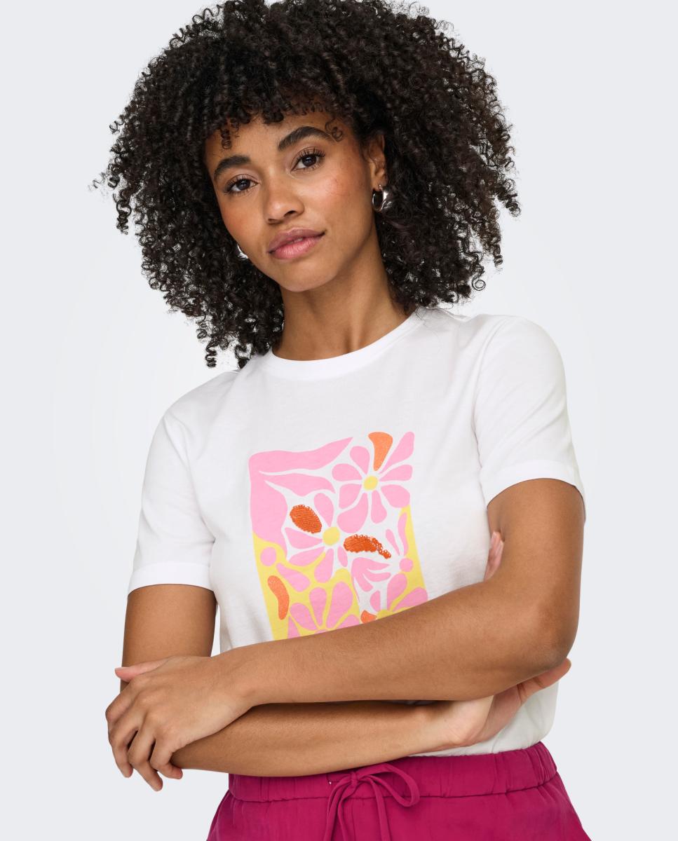 T-shirt de Manga Curta com Desenho à Frente Creme-2