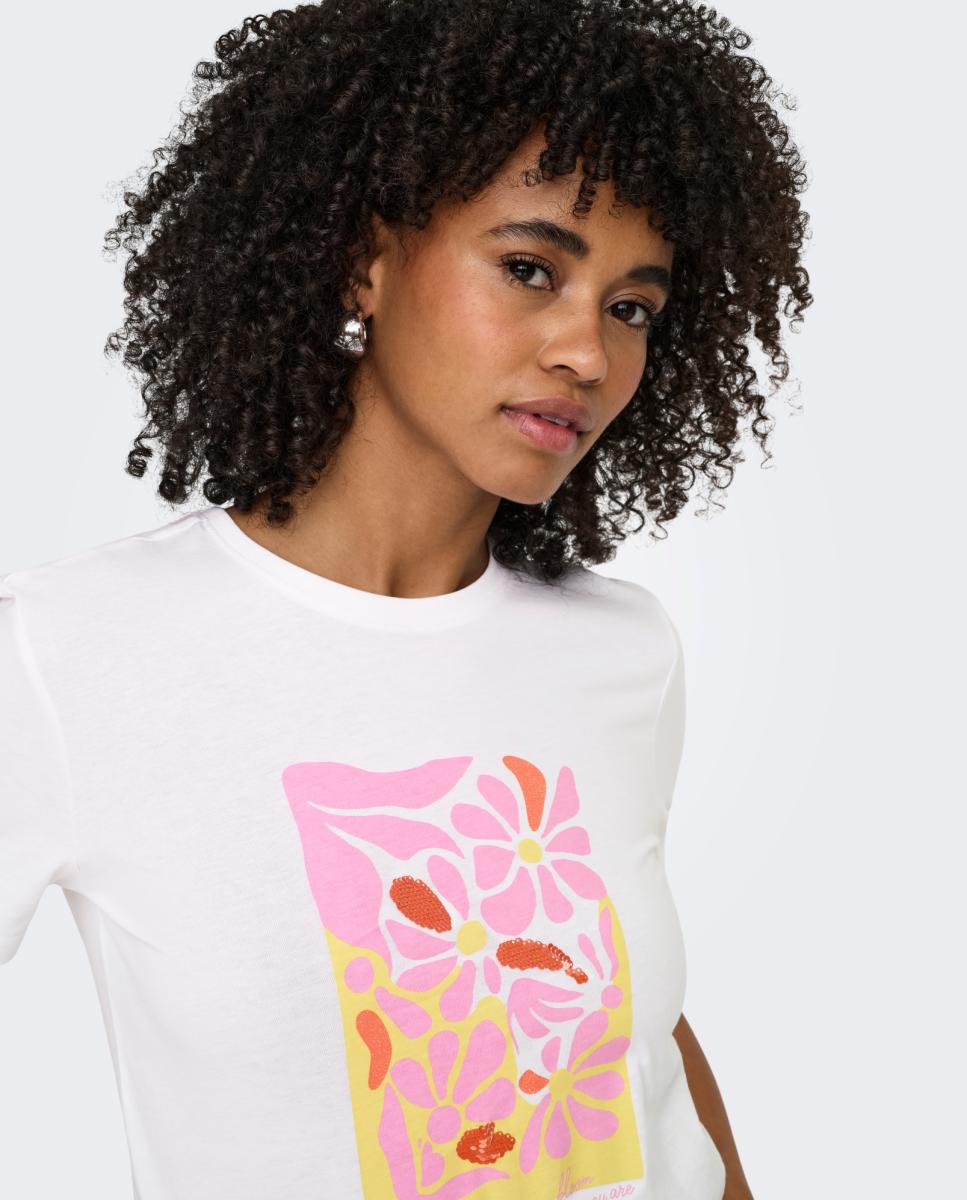 T-shirt de Manga Curta com Desenho à Frente Creme-3