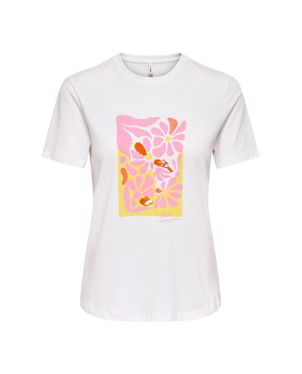 T-shirt de Manga Curta com Desenho à Frente Creme-4