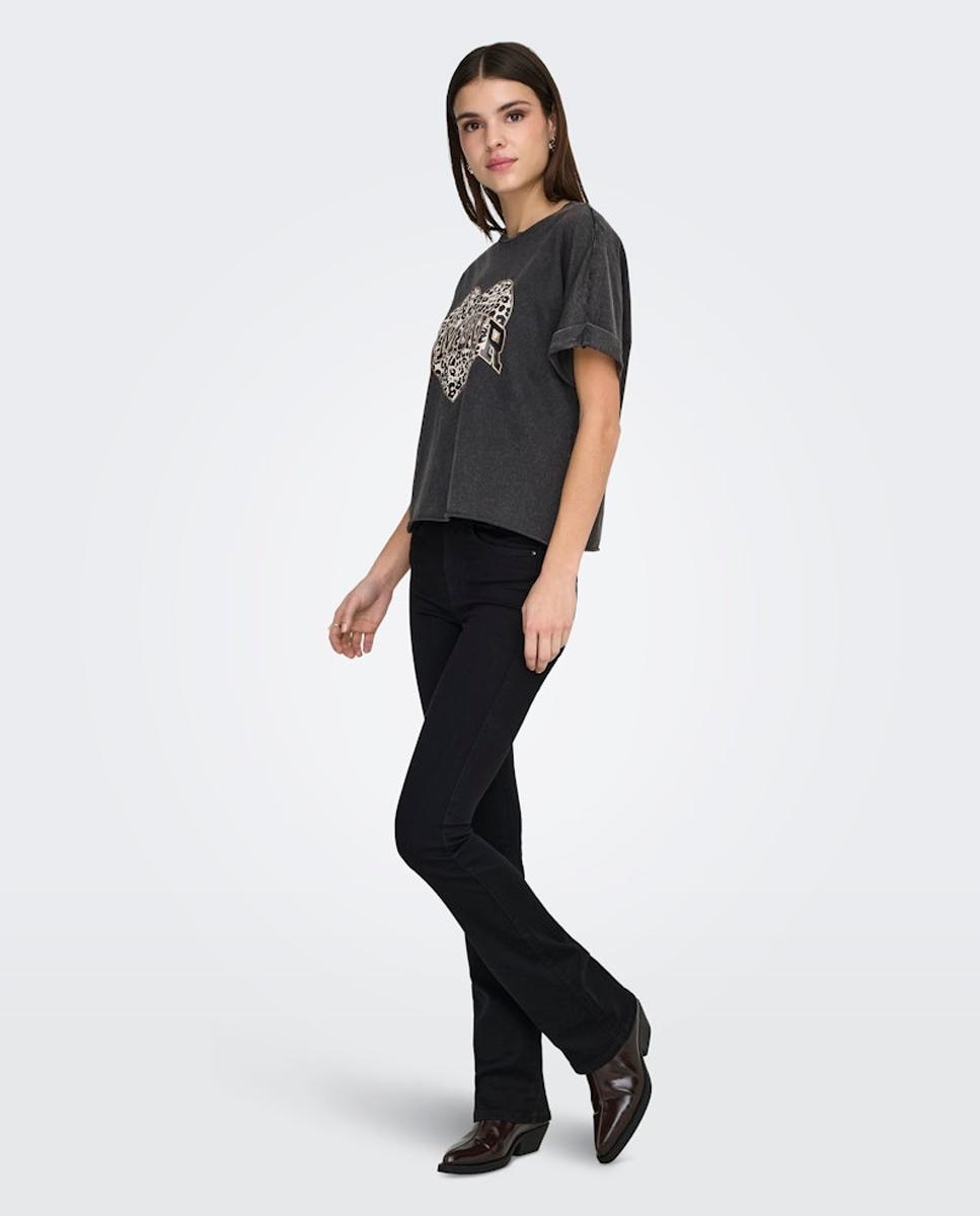 T-shirt de mulher com manga curta e decote redondo Preto-3