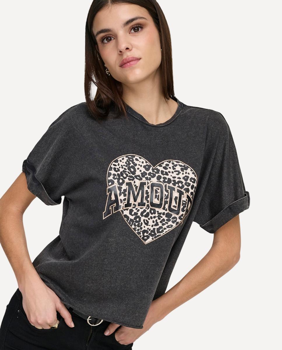 T-shirt de mulher com manga curta e decote redondo Preto-4