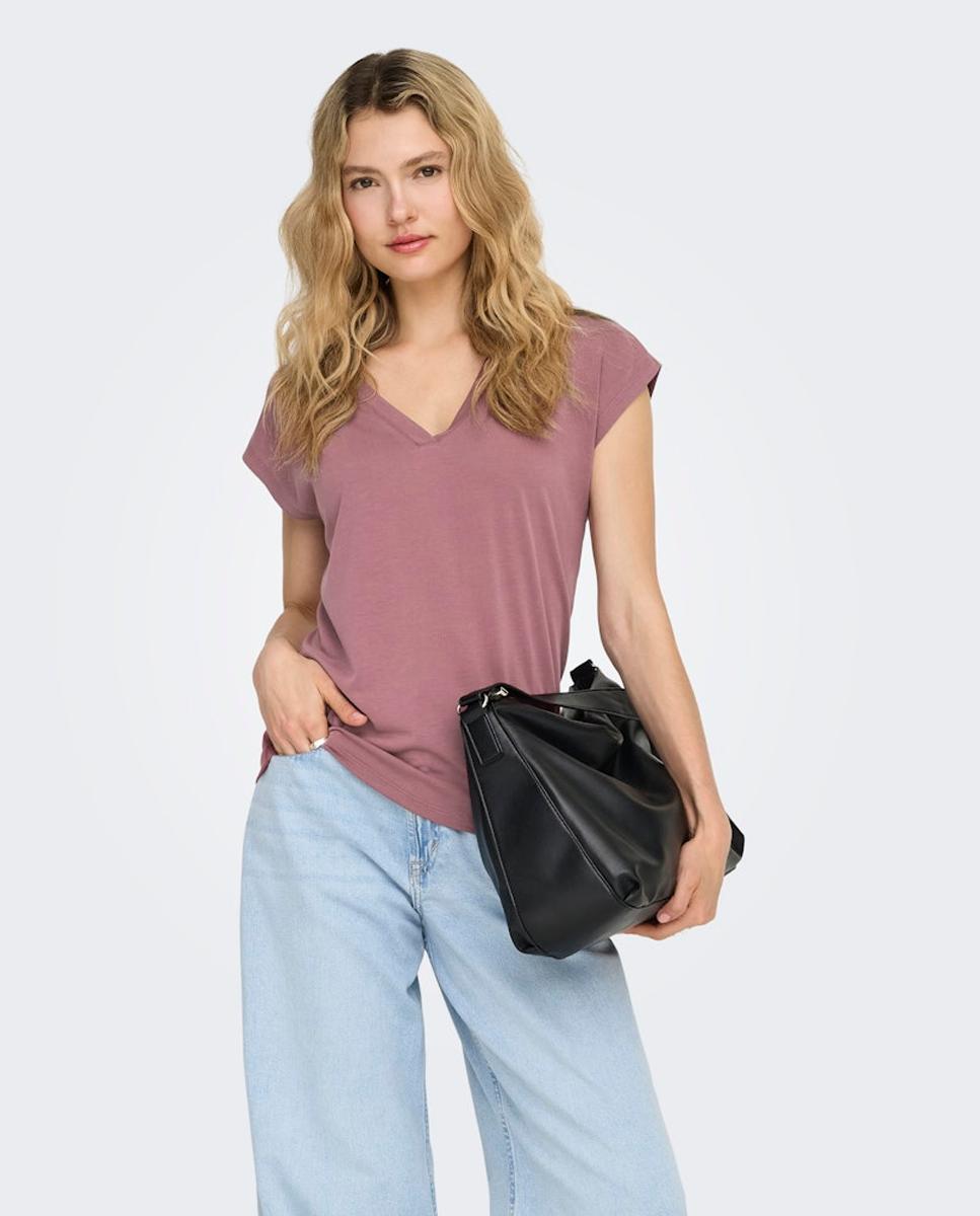 Only - Camiseta de mujer de manga corta y cuello en pico.