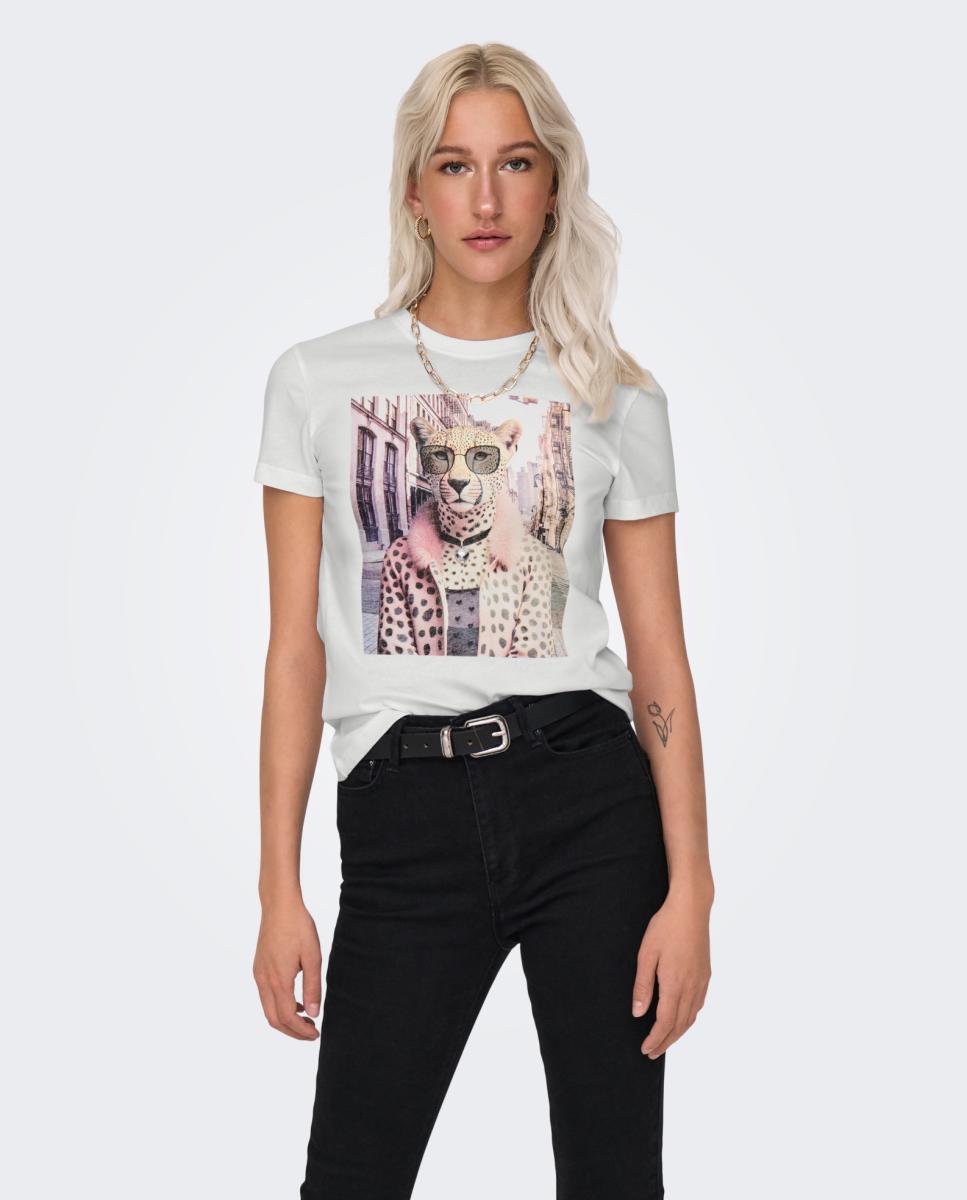 T-shirt de mulher com manga curta e desenho Branco-1