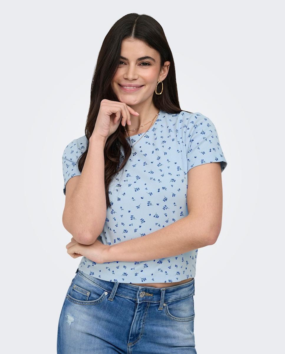 T-shirt Estampada com Decote Redondo Azul-claro-4