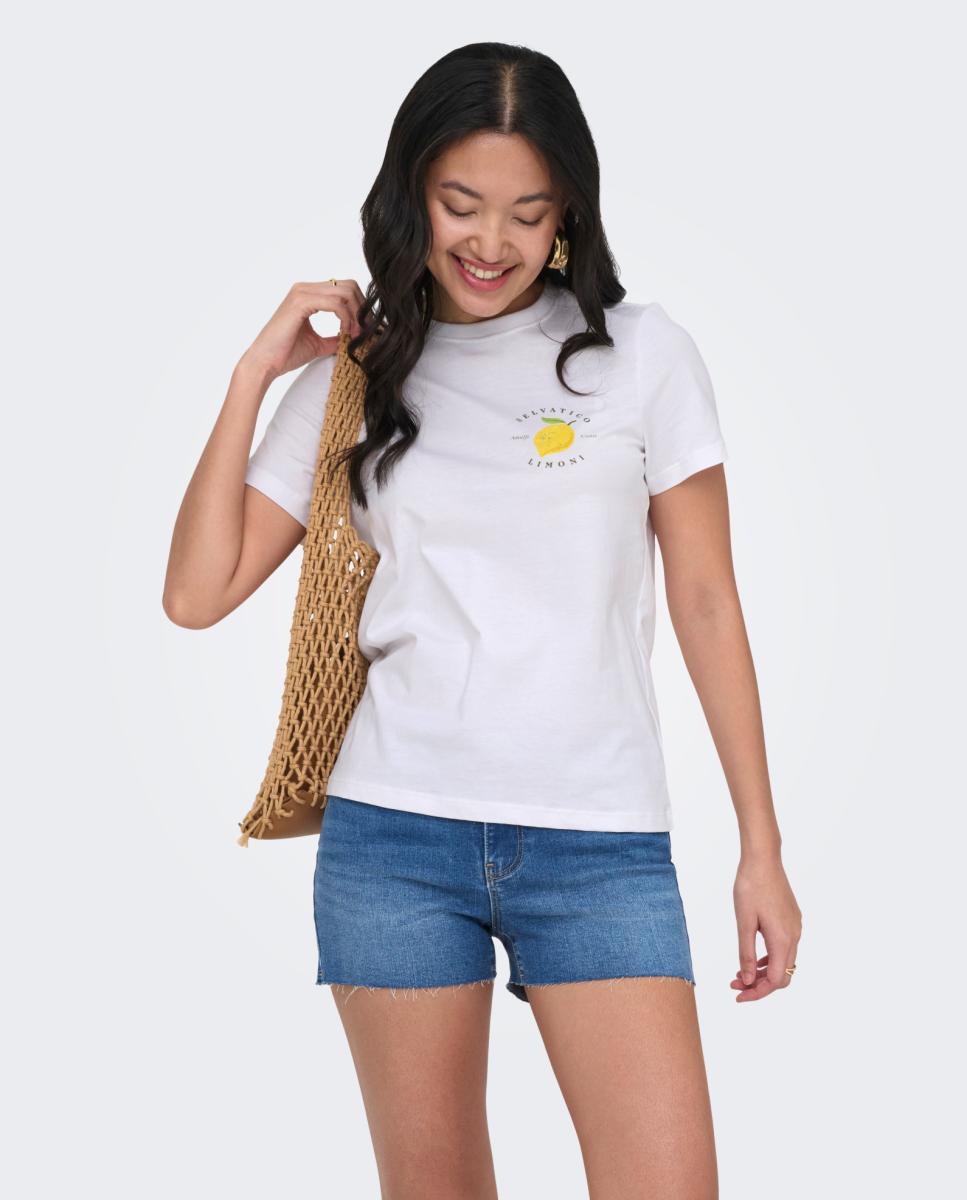 T-shirt Comprida com Manga Curta e Decote Redondo Branco-2