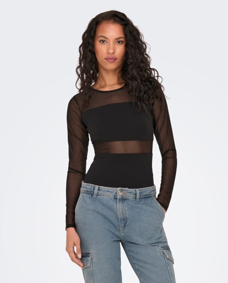 Body de mujer de manga larga con transparencias - Only - Negro Negro-1