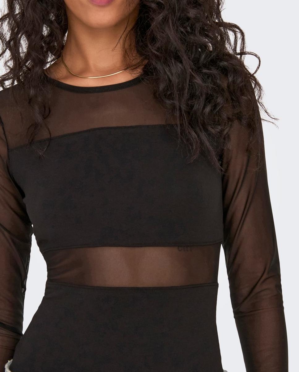 Body de mujer de manga larga con transparencias - Only - Negro Negro-3