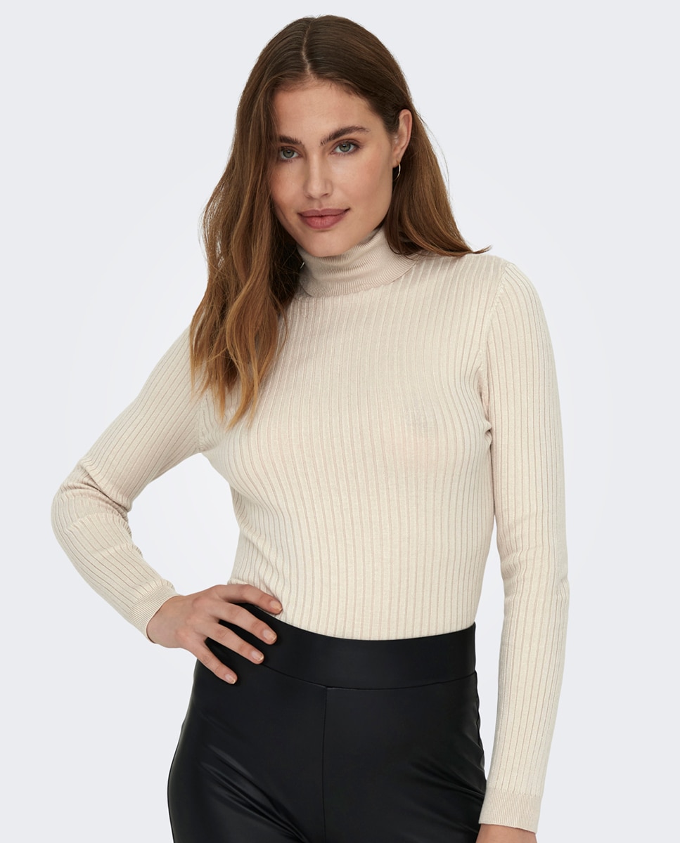 Camisola de malha com gola alta e canelado Branco-gelo-3
