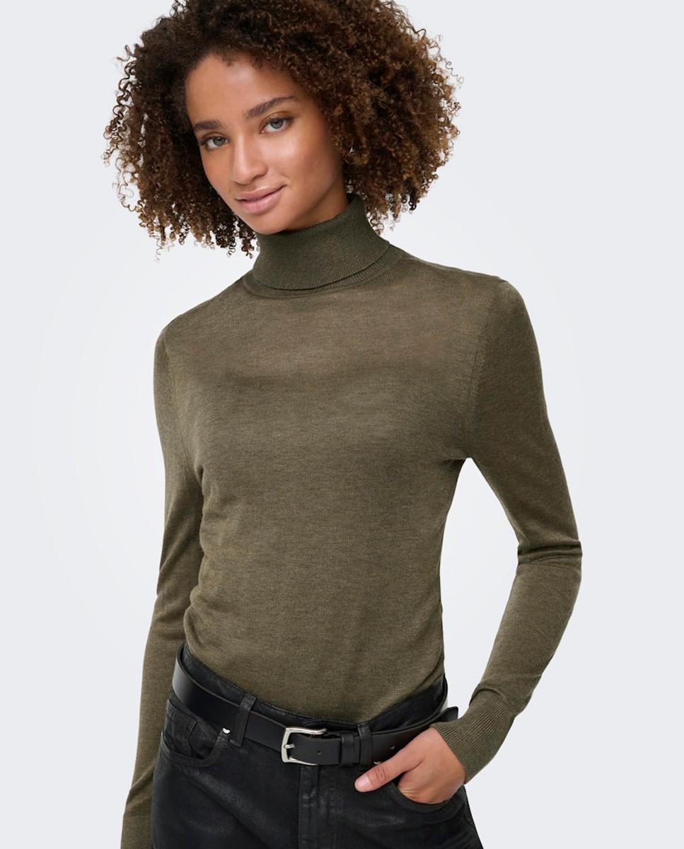Camisola de Malha Justa com Gola Alta Castanho-5