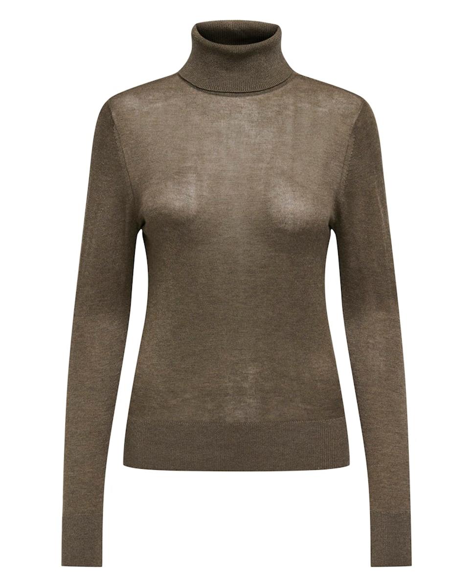 Camisola de Malha Justa com Gola Alta Castanho-6
