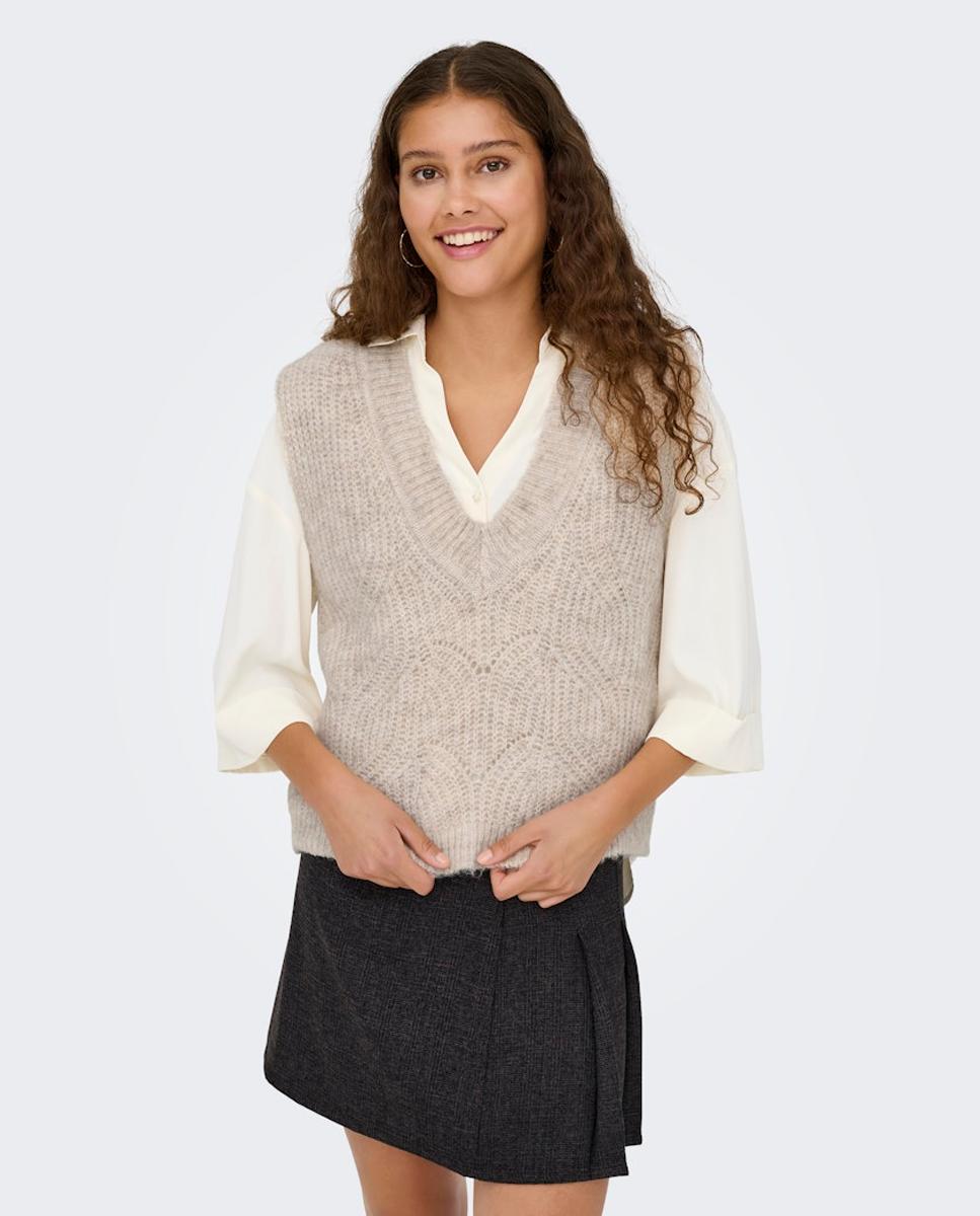Colete com Decote em Bico Creme-2