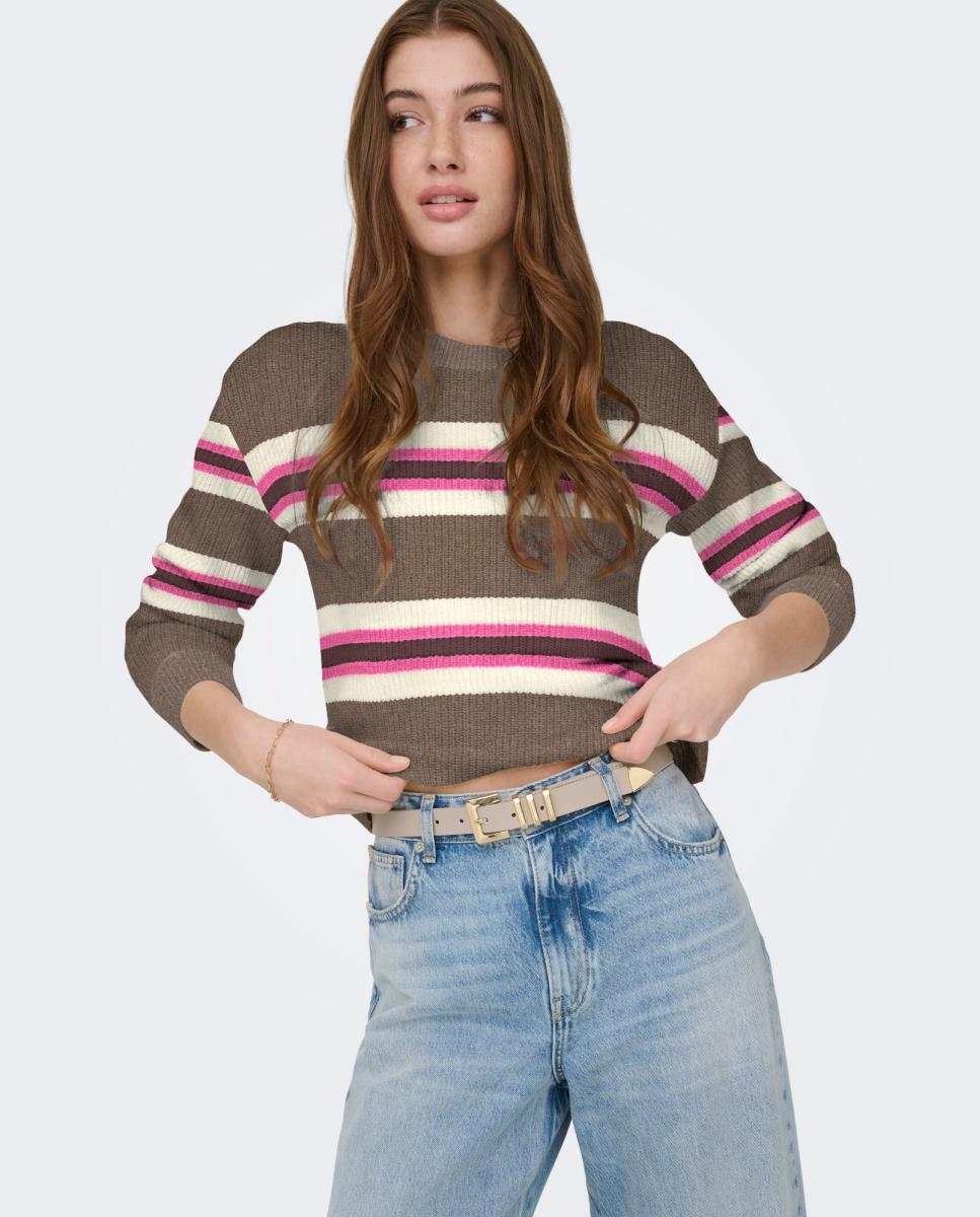Camisola de Malha Estampada com Manga Comprida e Decote Redondo Castanho-2