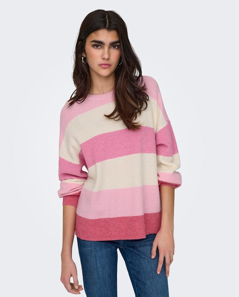 Camisola de Malha com Decote Redondo e Manga com Pregas Rosa-3