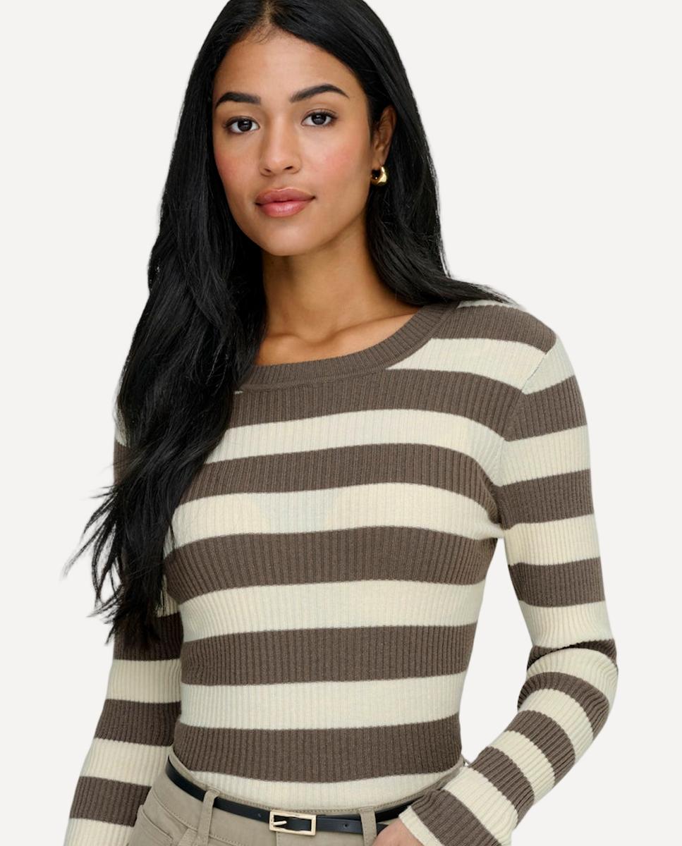 Camisola de malha de mulher com manga comprida e decote redondo Bege-3