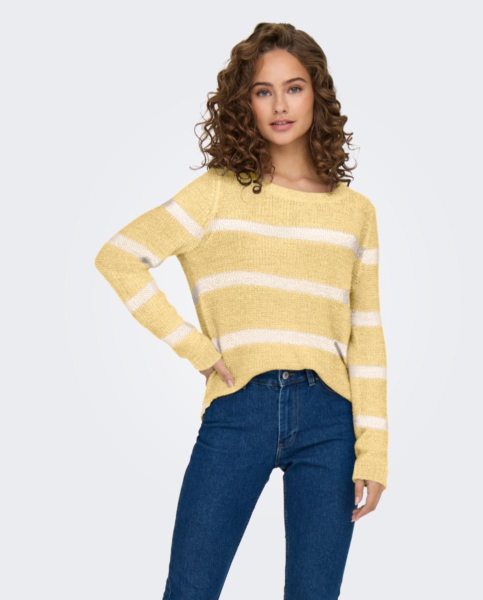 Camisola de malha de mulher com manga comprida e decote redondo Cru-1