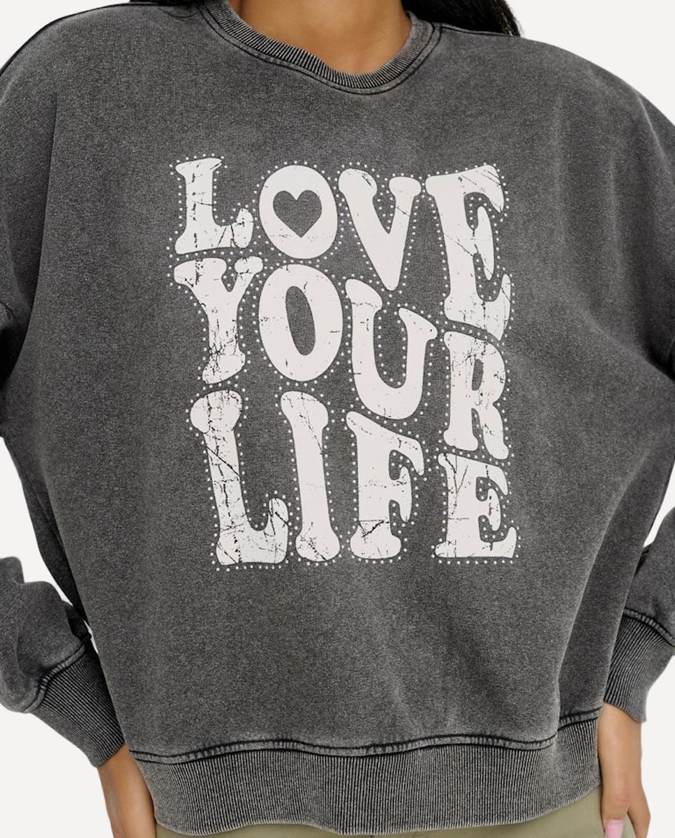 Sweatshirt Estampada com Decote Redondo Preto-2