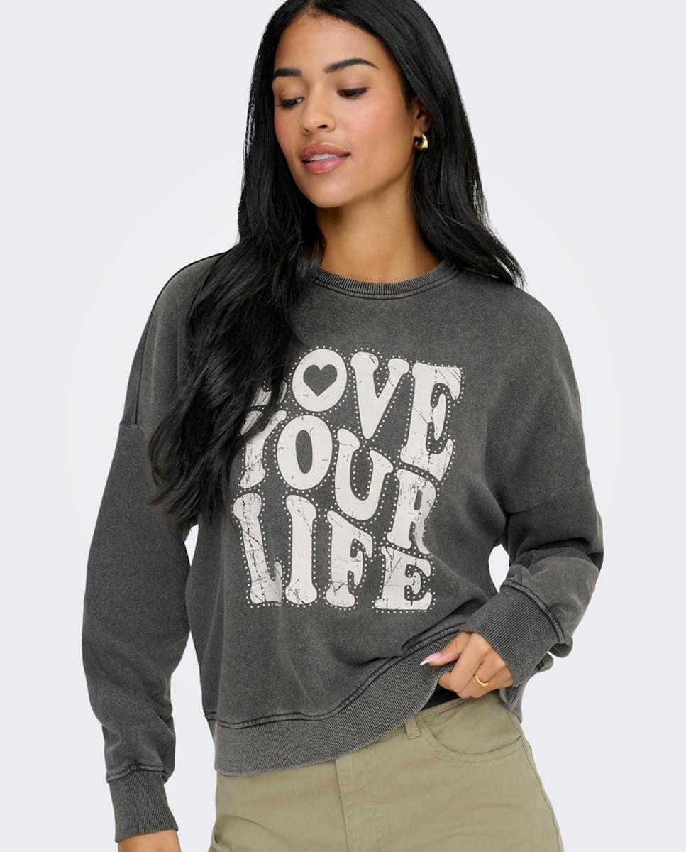 Sweatshirt Estampada com Decote Redondo Preto-3