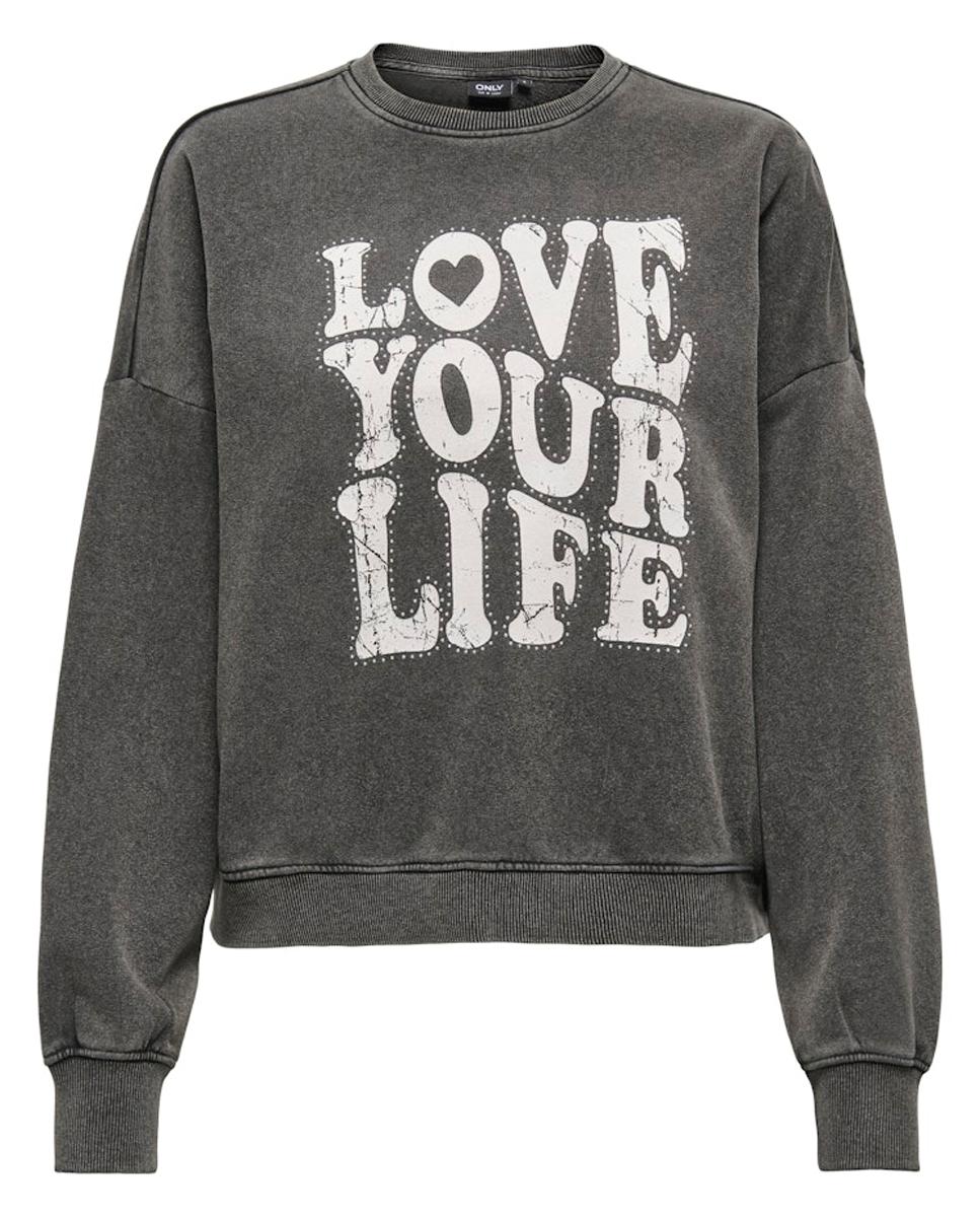 Sweatshirt Estampada com Decote Redondo Preto-5