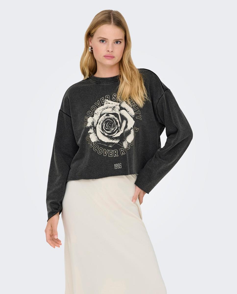 Sweatshirt Estampada com Decote Redondo Preto-4