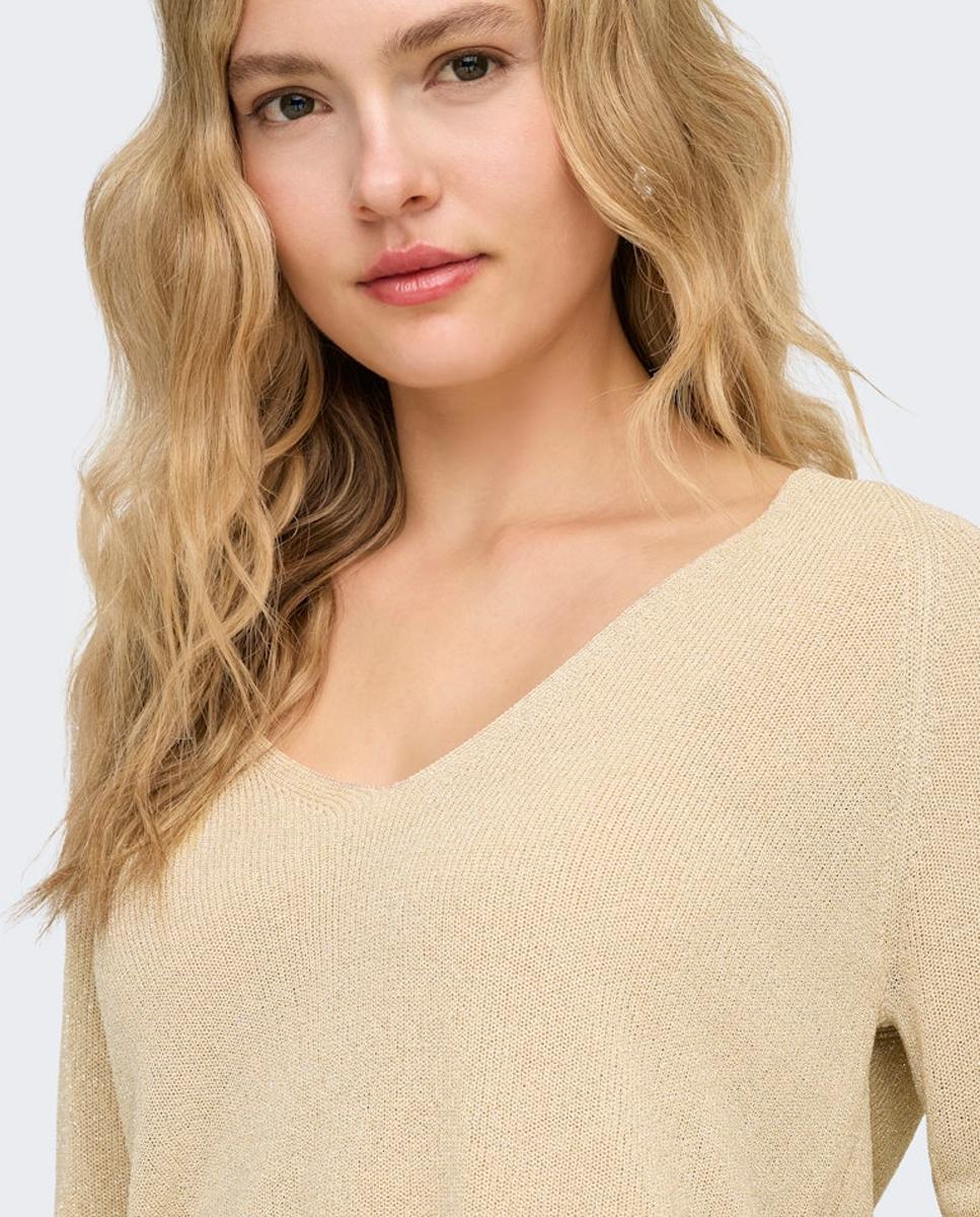 Camisola de malha básica com decote em bico Bege-2