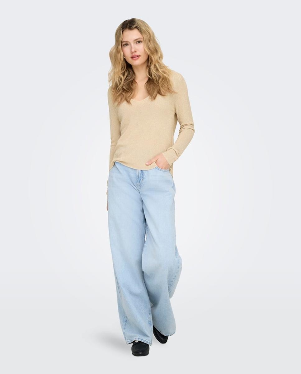 Camisola de malha básica com decote em bico Bege-7