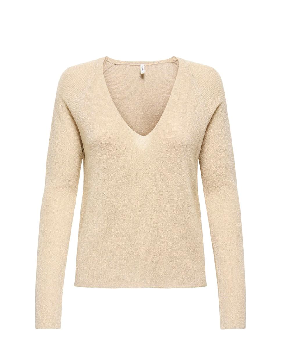 Camisola de malha básica com decote em bico Bege-5