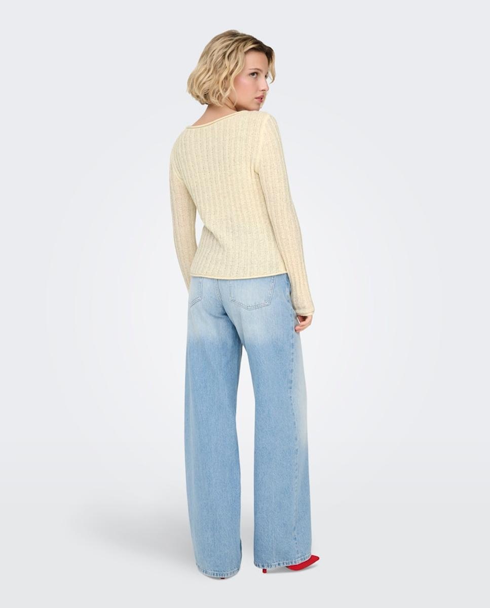 Camisola de malha de mulher com manga comprida e decote redondo Bege-2