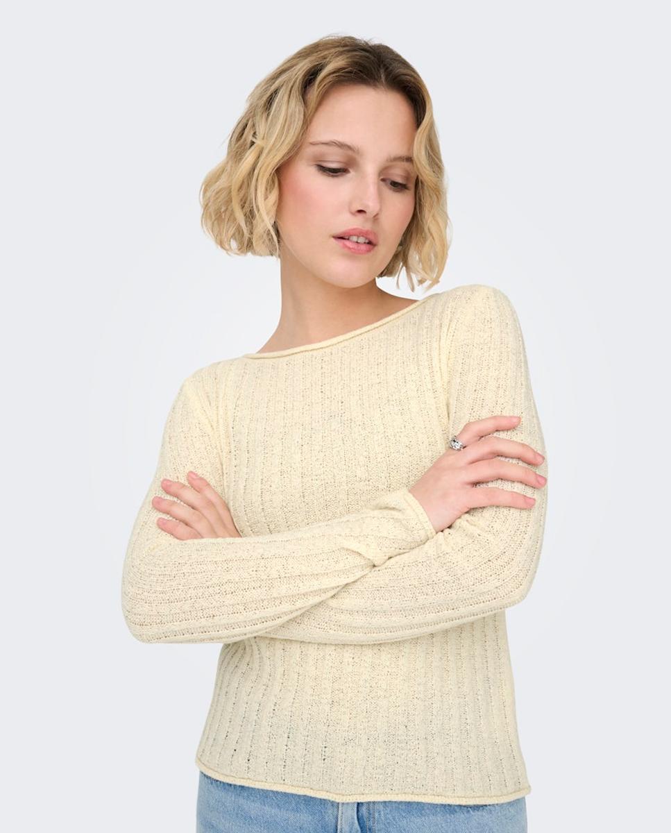 Camisola de malha de mulher com manga comprida e decote redondo Bege-3