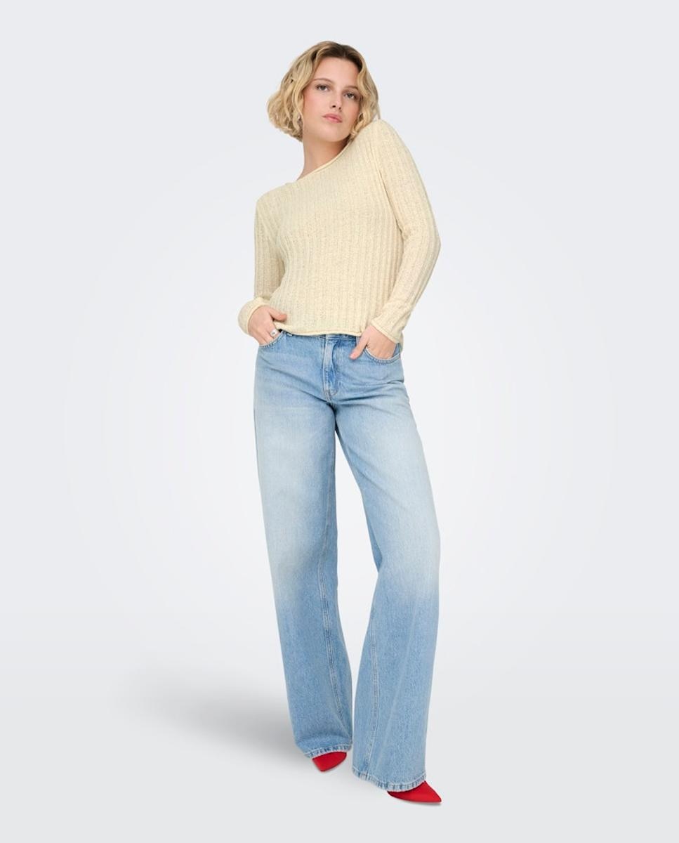 Camisola de malha de mulher com manga comprida e decote redondo Bege-7