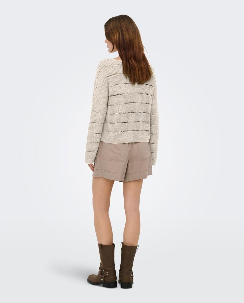Camisola de malha de mulher com manga comprida e decote em bico Bege-2