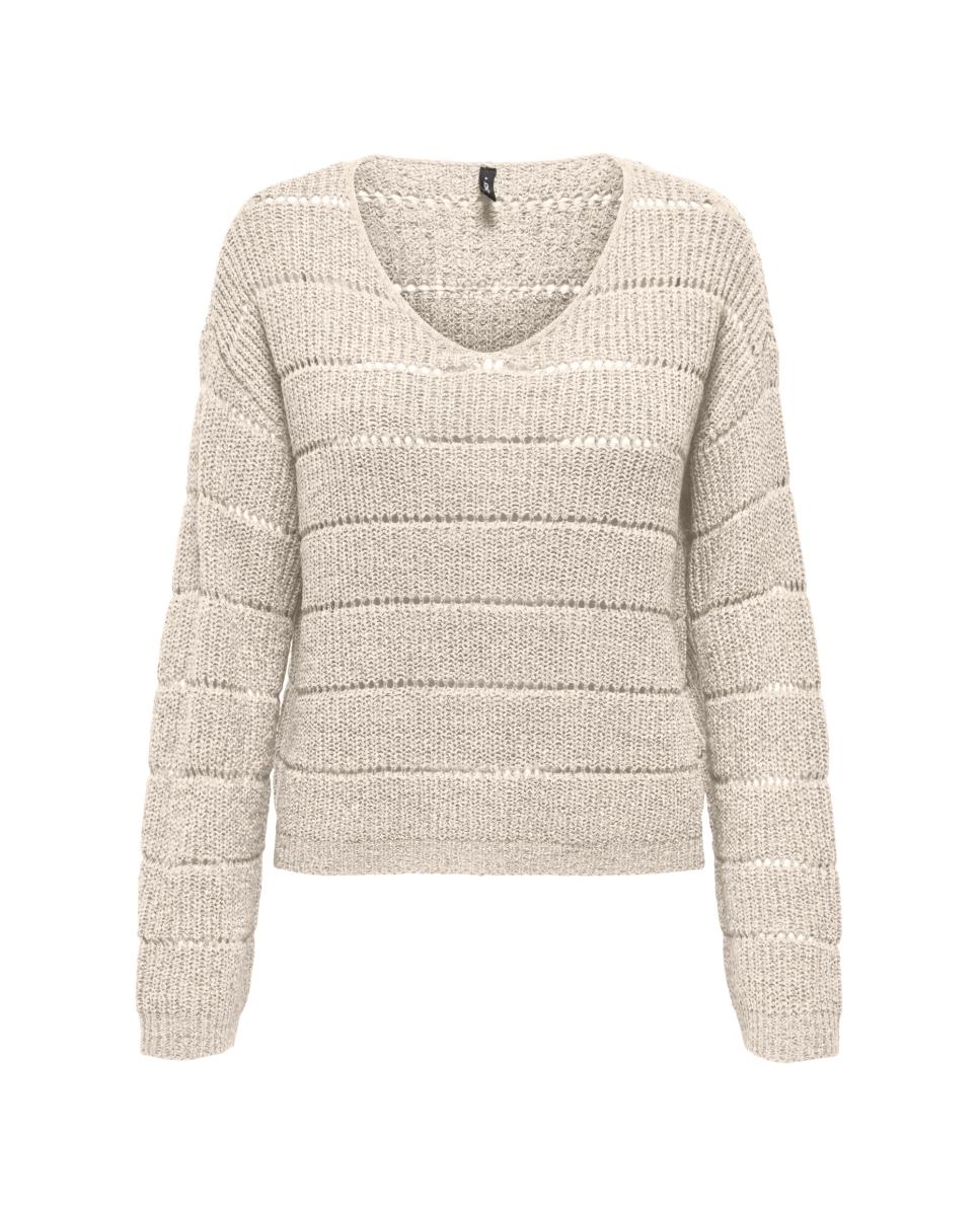 Camisola de malha de mulher com manga comprida e decote em bico Bege-3